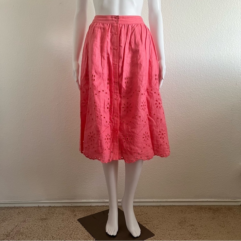 Rachel Parcell XS Coral Pink Eyelet Linen Cotton Lined A Line Midi Skirt